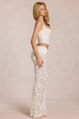Sheer Lace Mid-Rise Flared Trousers in Ivory