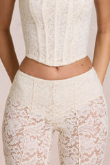 Sheer Lace Mid-Rise Flared Trousers in Ivory