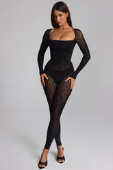 Long-Sleeve Seamless Knit Jumpsuit in Black