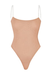 Soft Mesh Invisible Strap Thong Bodysuit in Warm Peach