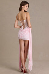 Embellished Lace Corset Mini Dress in Baby Pink