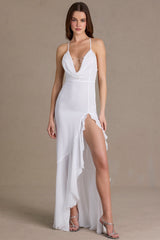 Chiffon Cowl-Neck Open-Back Gown in White