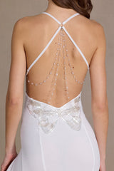 Chiffon Cowl-Neck Open-Back Gown in White