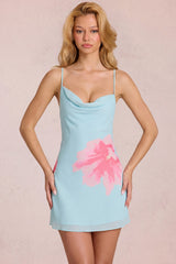 Chiffon Mini Dress in Blue Floral Print