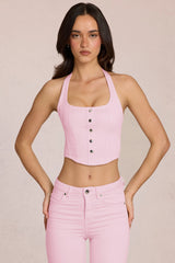 Denim Halterneck Corset Style Top in Blossom Pink