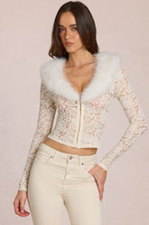 Lace Faux-Fur-Trim Cardigan in Ivory