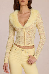 Lace Faux-Fur-Trim Cardigan in Lemon Yellow