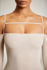Cold Shoulder Long Sleeve Mini Dress in Praline