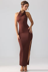 Jersey Cowl Neck Backless Maxi Dress in Espresso