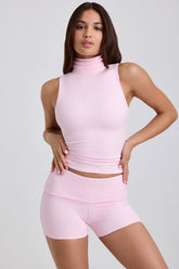 Modal Ribbed Mid-Rise Foldover Shorts in Blossom Pink