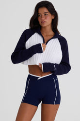 Ribbed Knit Quarter-Zip Cropped Jumper in Classic Navy