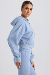 Brushed Jersey Zip-Up Cropped Hoodie in Washed Blue