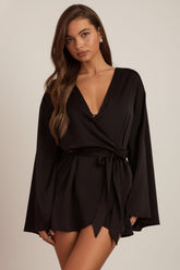 Embellished Loose-Fit Wrap-Over Robe in Black