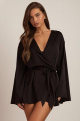 Embellished Loose-Fit Wrap-Over Robe in Black