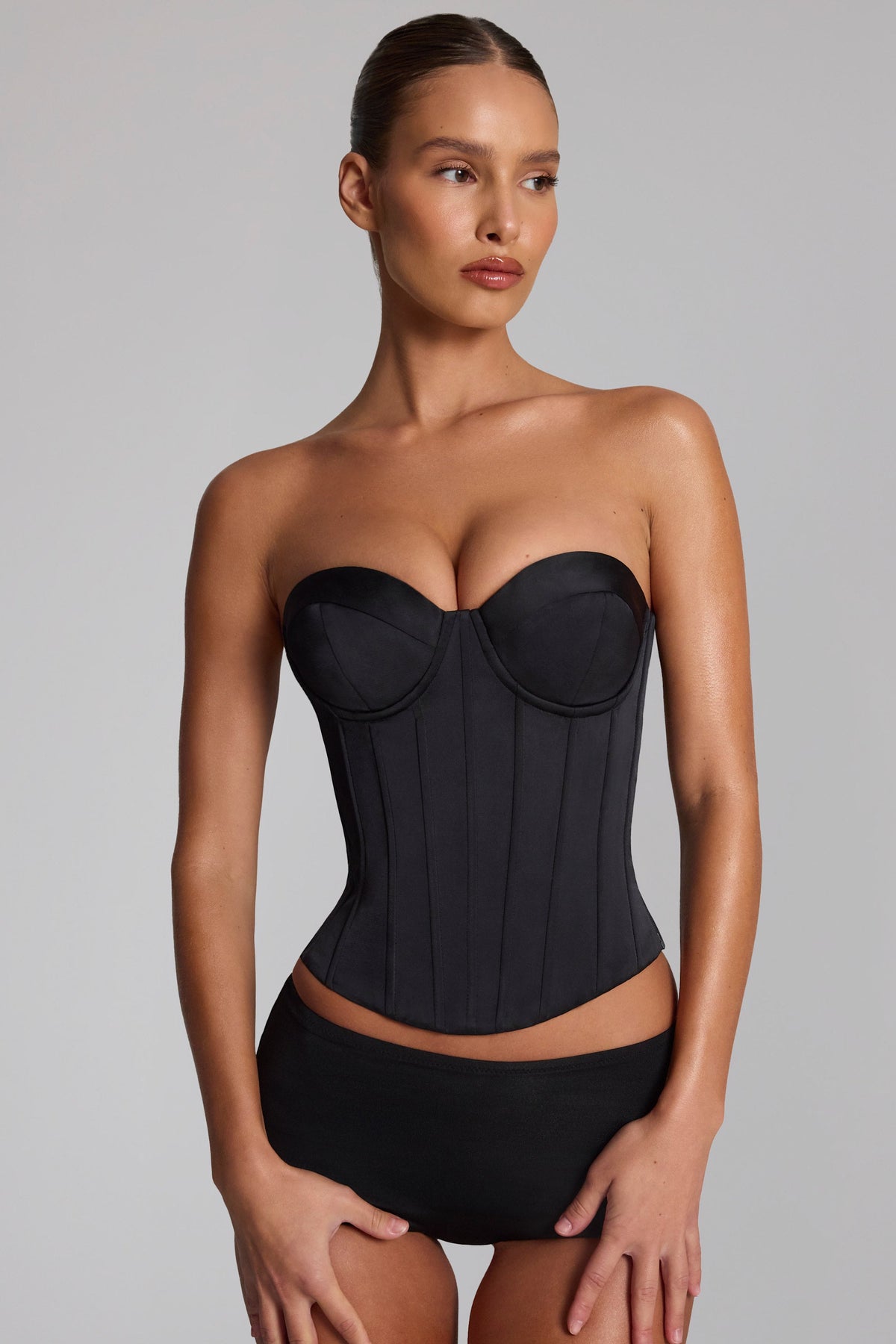 Satin Lace-Up Bustier Corset Top in Black