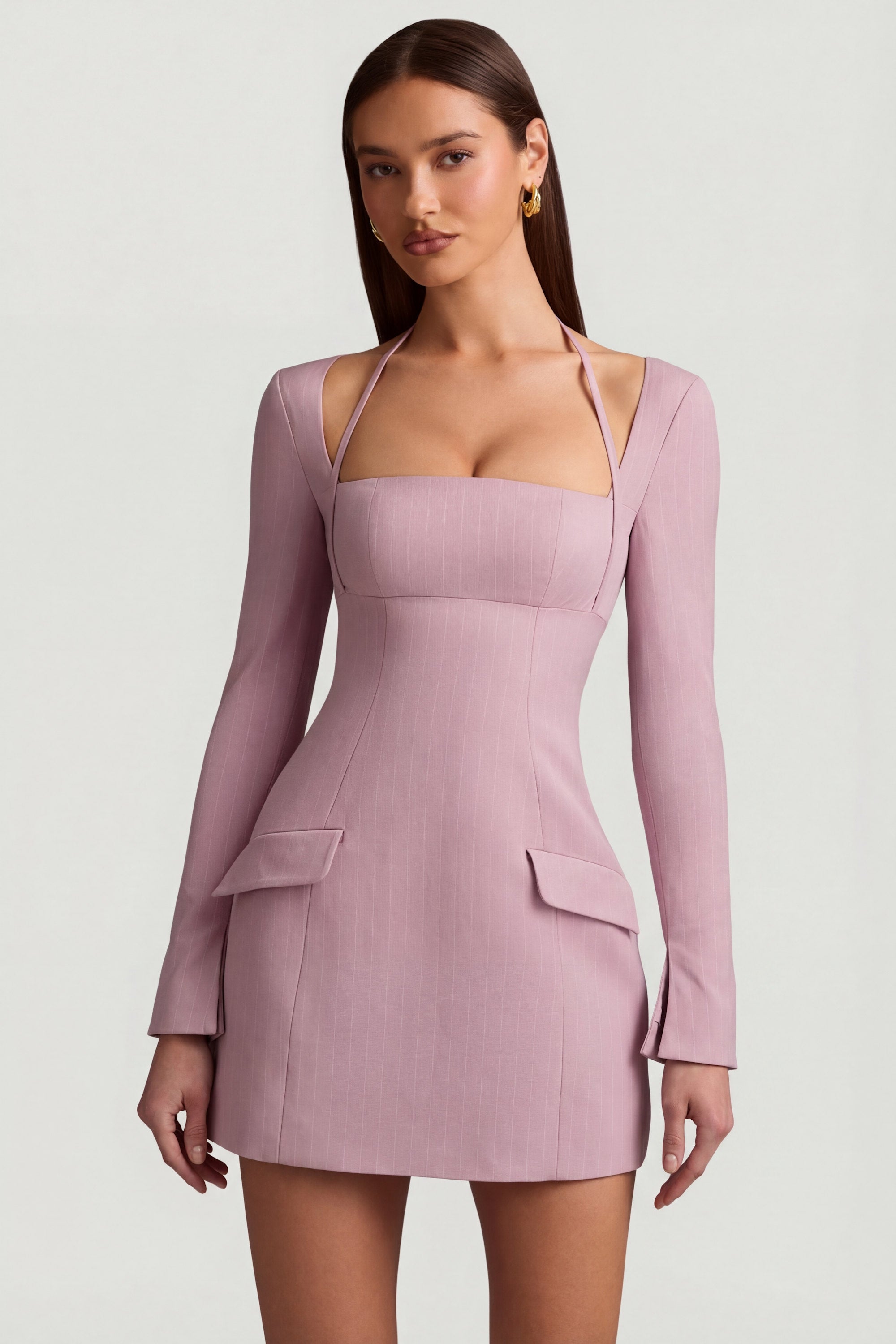 Pinstripe Structured A-Line Mini Dress in Mauve
