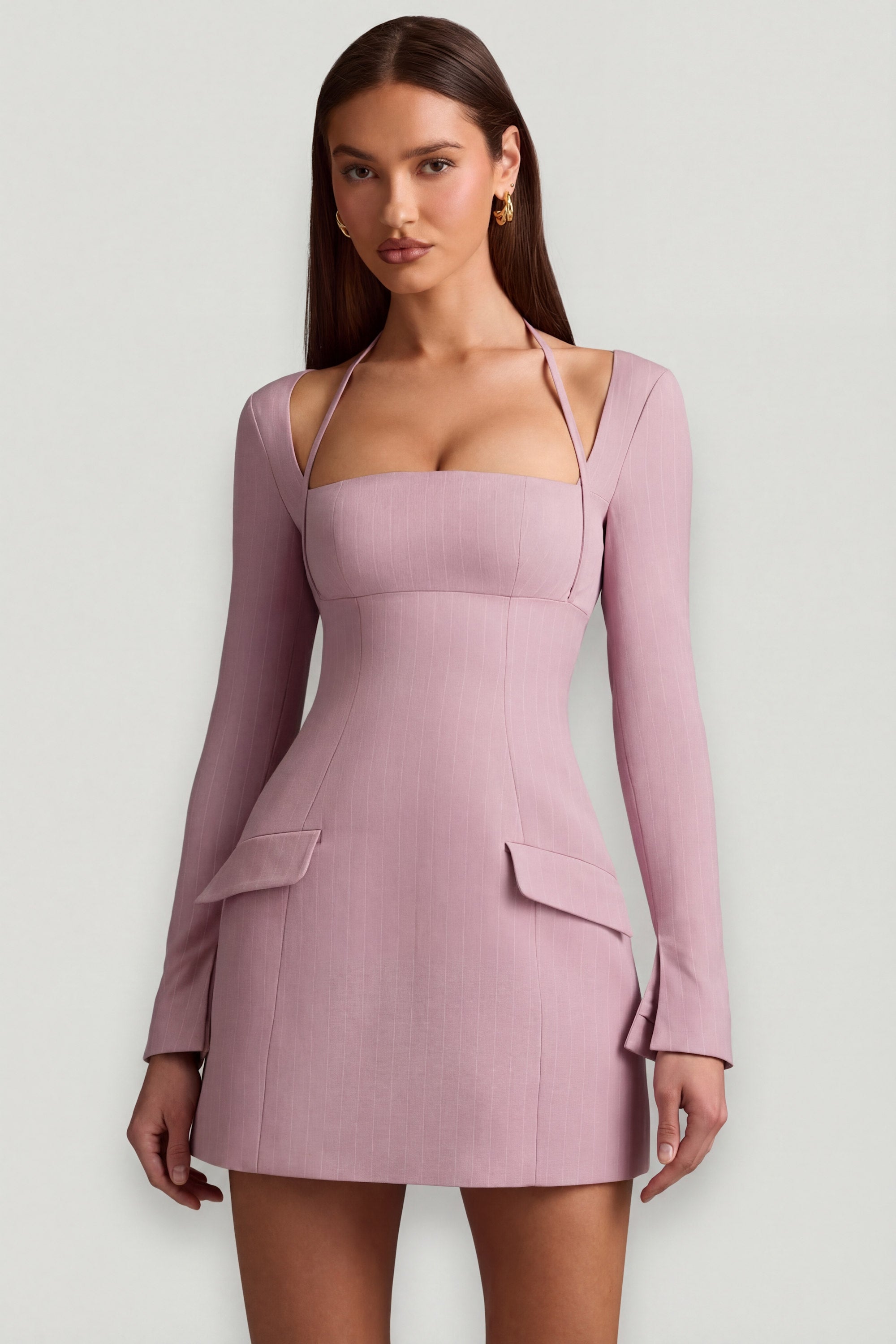 Pinstripe Structured A-Line Mini Dress in Mauve