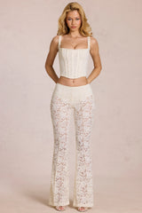 Sheer Lace Mid-Rise Flared Trousers in Ivory