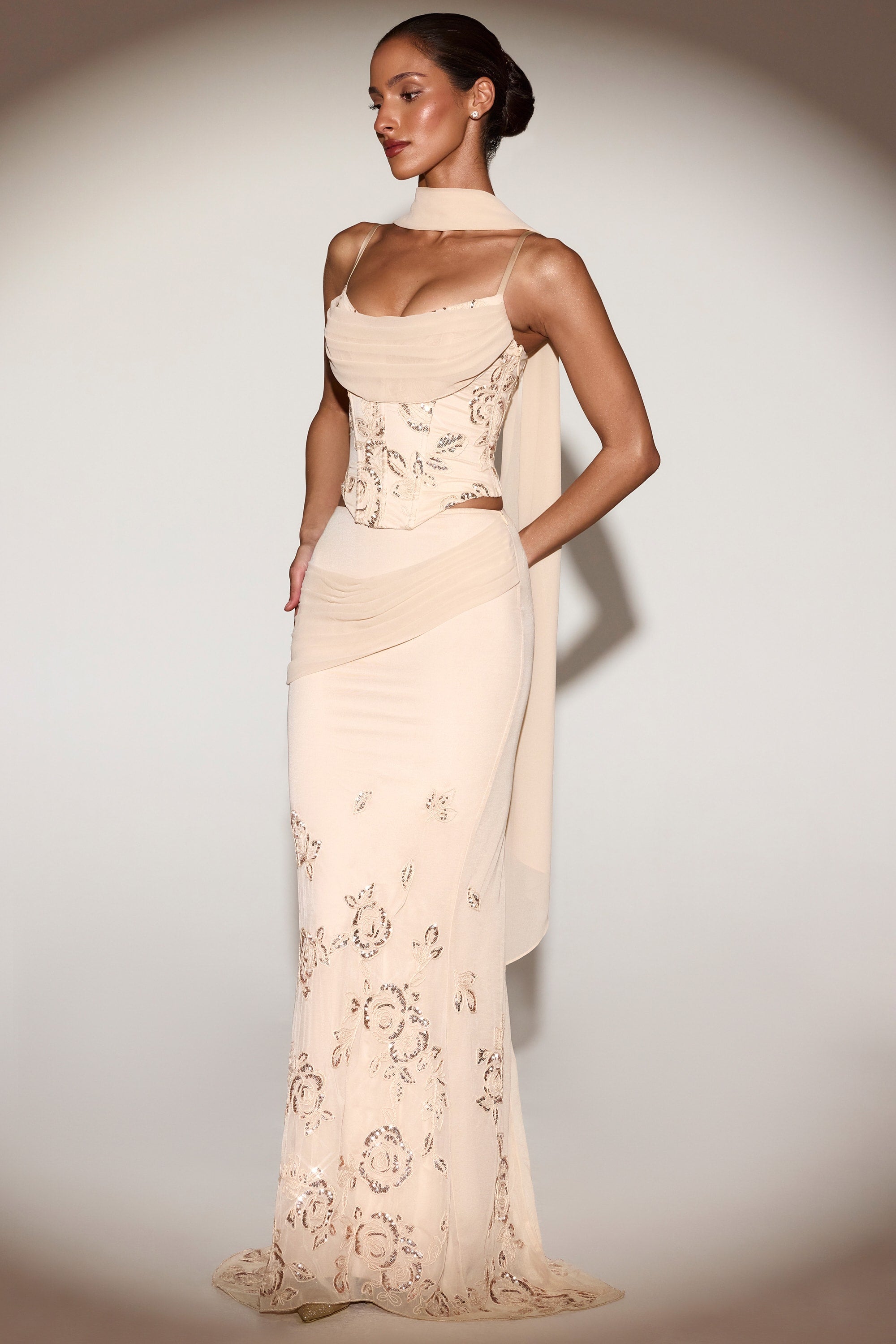Embellished Lace-Up Corset Top With Scarf in Gold