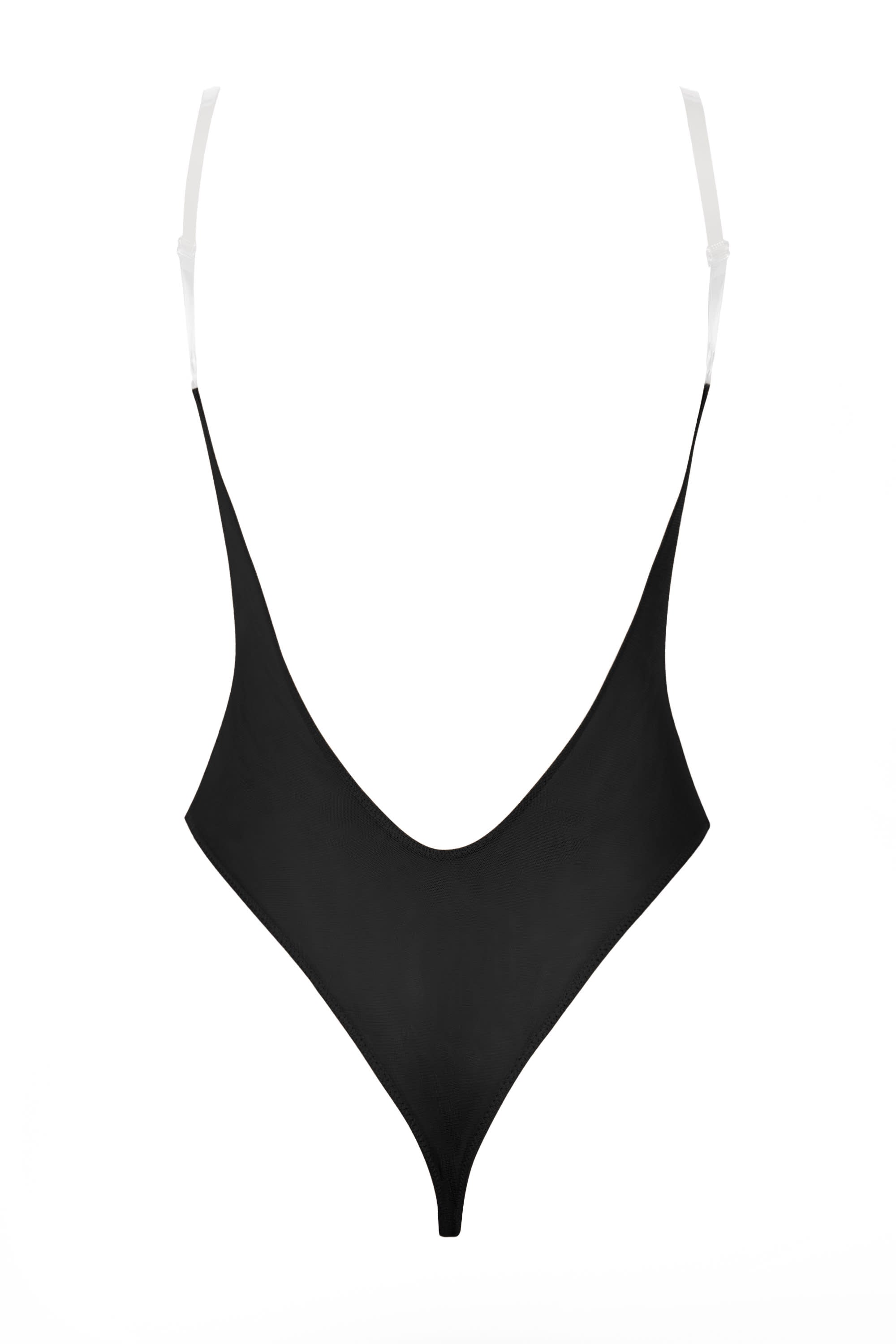 Soft Mesh Invisible Strap Thong Bodysuit in Black