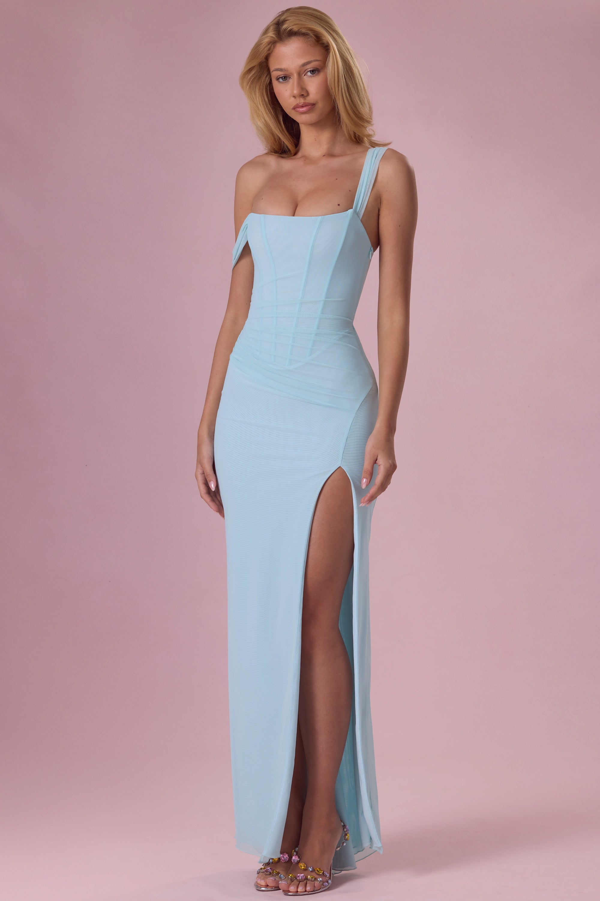 Mesh Draped Corset Gown in Light Aqua