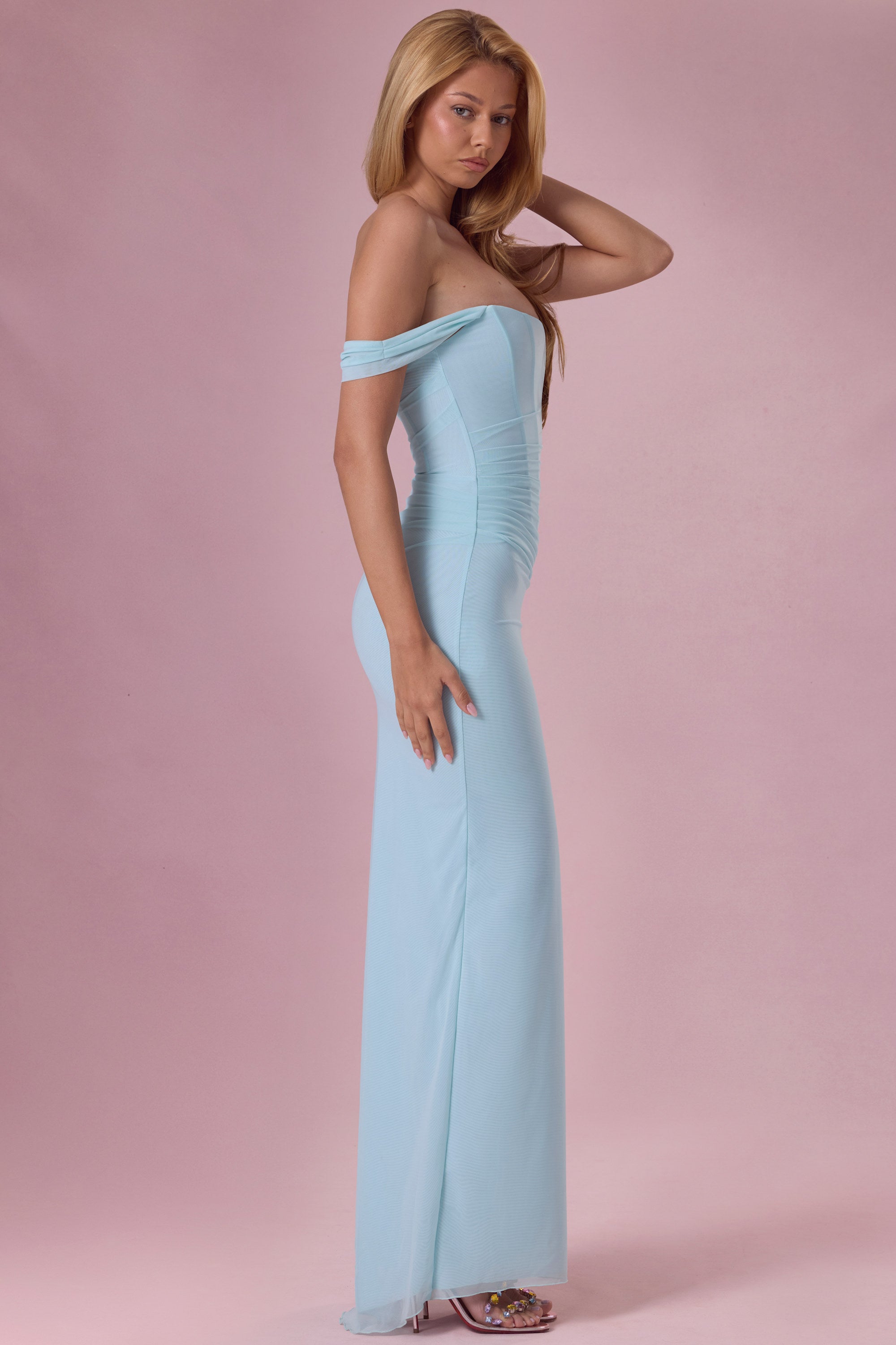 Mesh Draped Corset Gown in Light Aqua