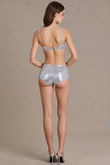 Sequin Mesh Mid-Rise Mini Shorts in Silver