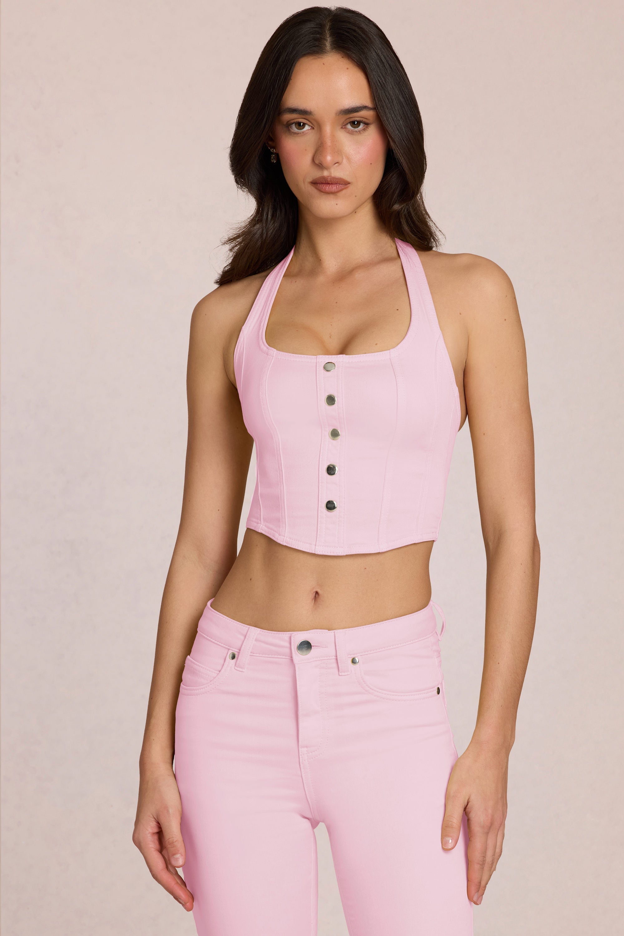 Denim Halterneck Corset Style Top in Blossom Pink