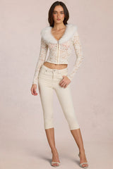 Lace Faux-Fur-Trim Cardigan in Ivory