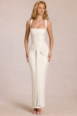 Square-Neck Tie-Gather Maxi Dress in Ivory