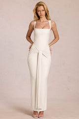Square-Neck Tie-Gather Maxi Dress in Ivory