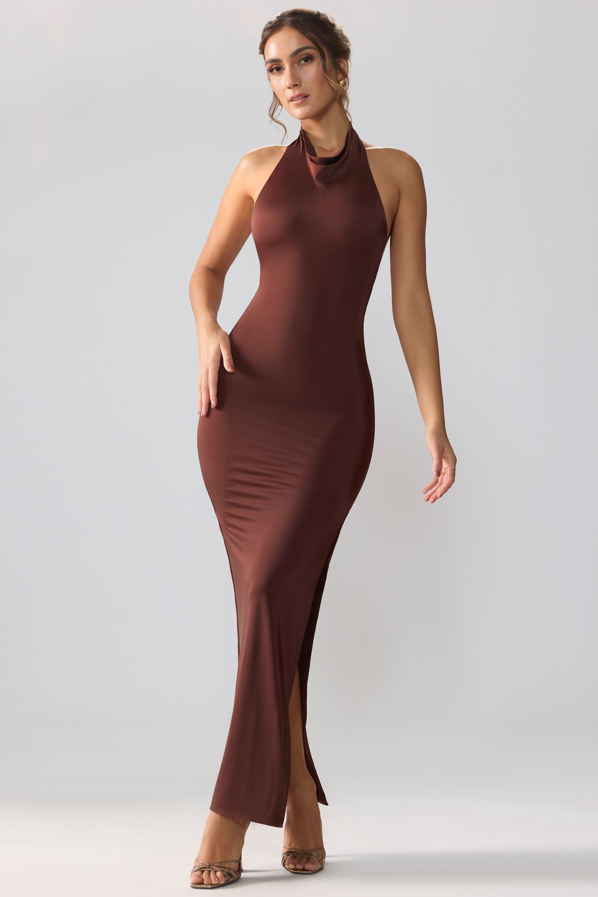 Jersey Cowl Neck Backless Maxi Dress in Espresso