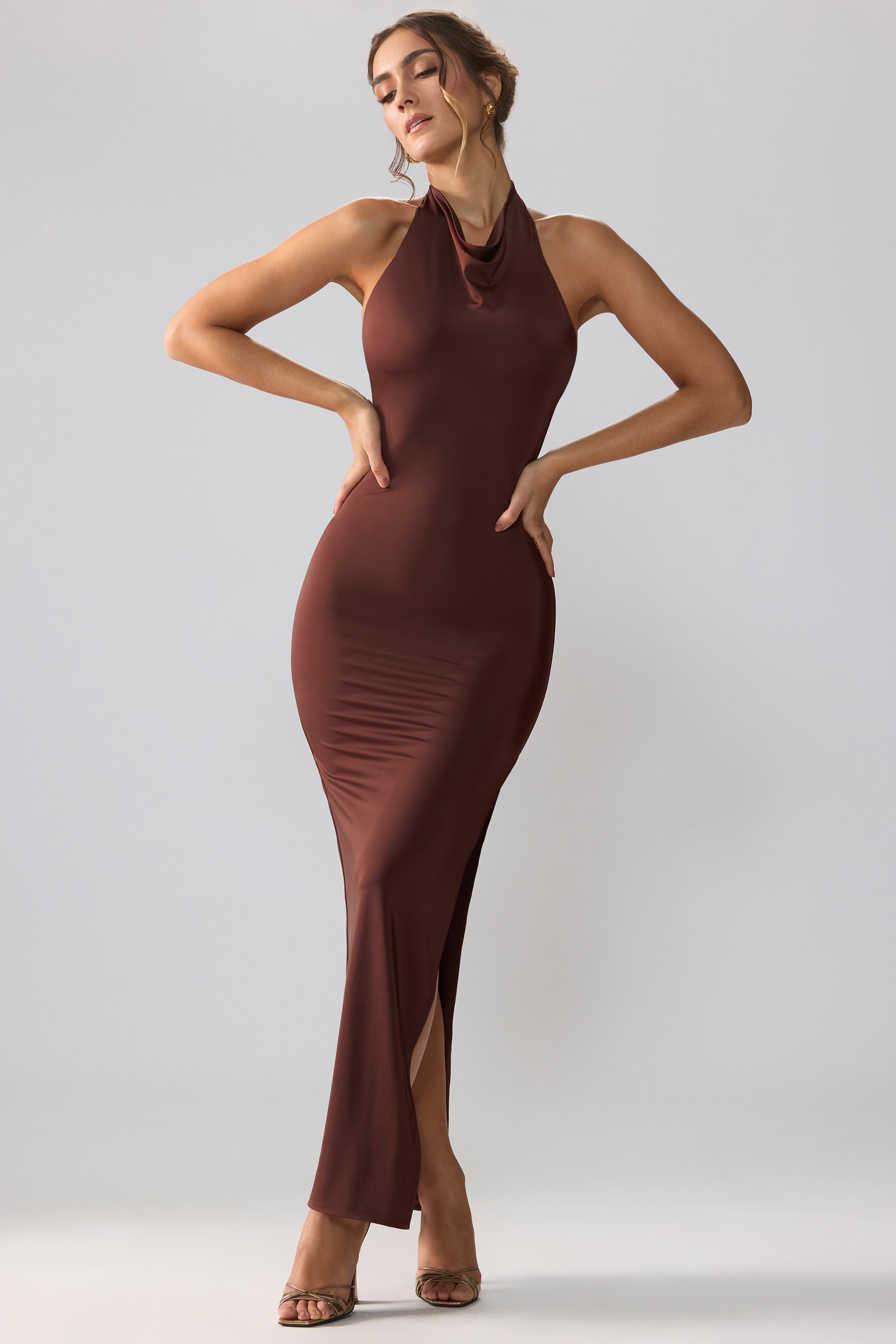 Jersey Cowl Neck Backless Maxi Dress in Espresso