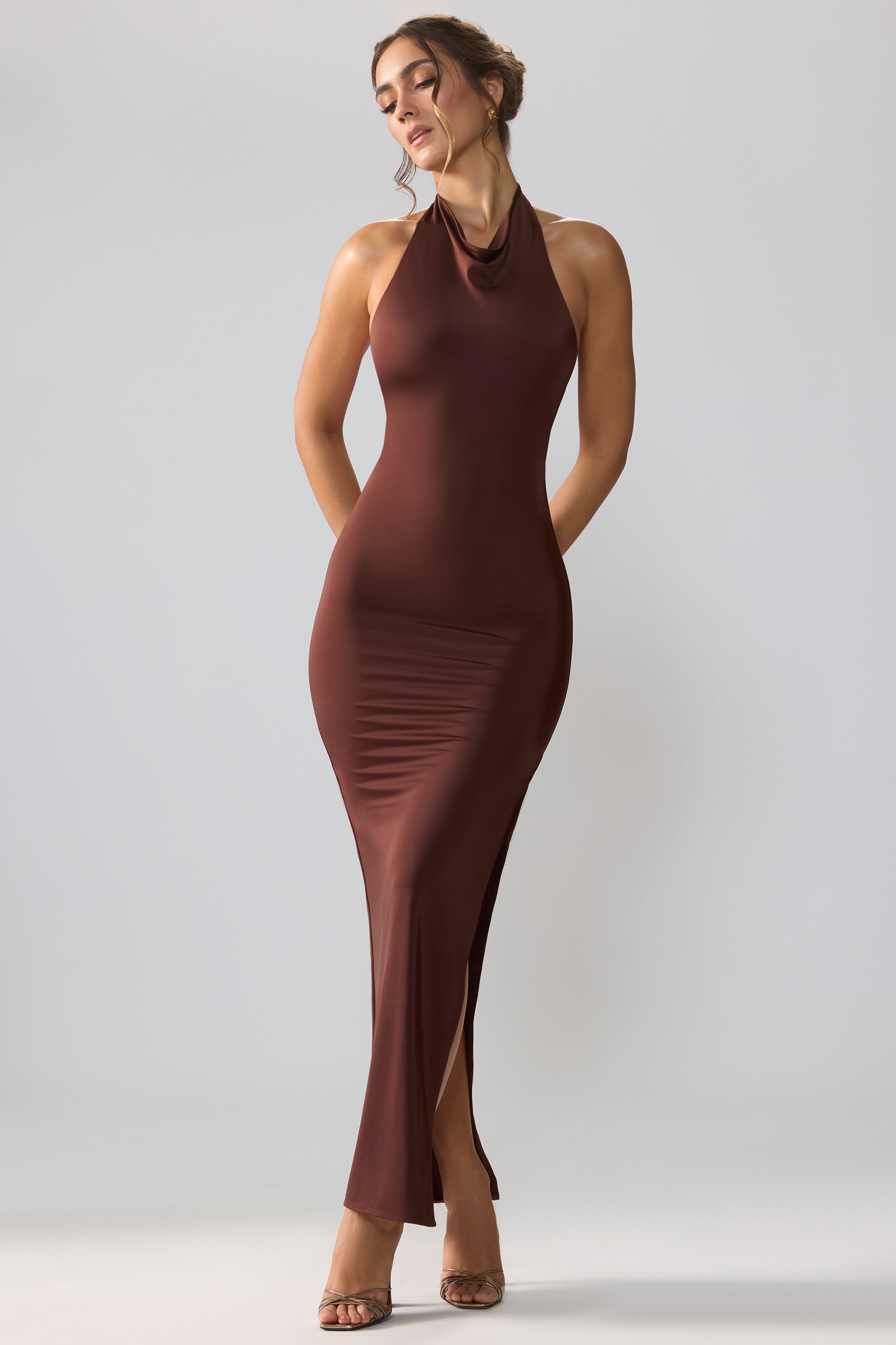 Jersey Cowl Neck Backless Maxi Dress in Espresso