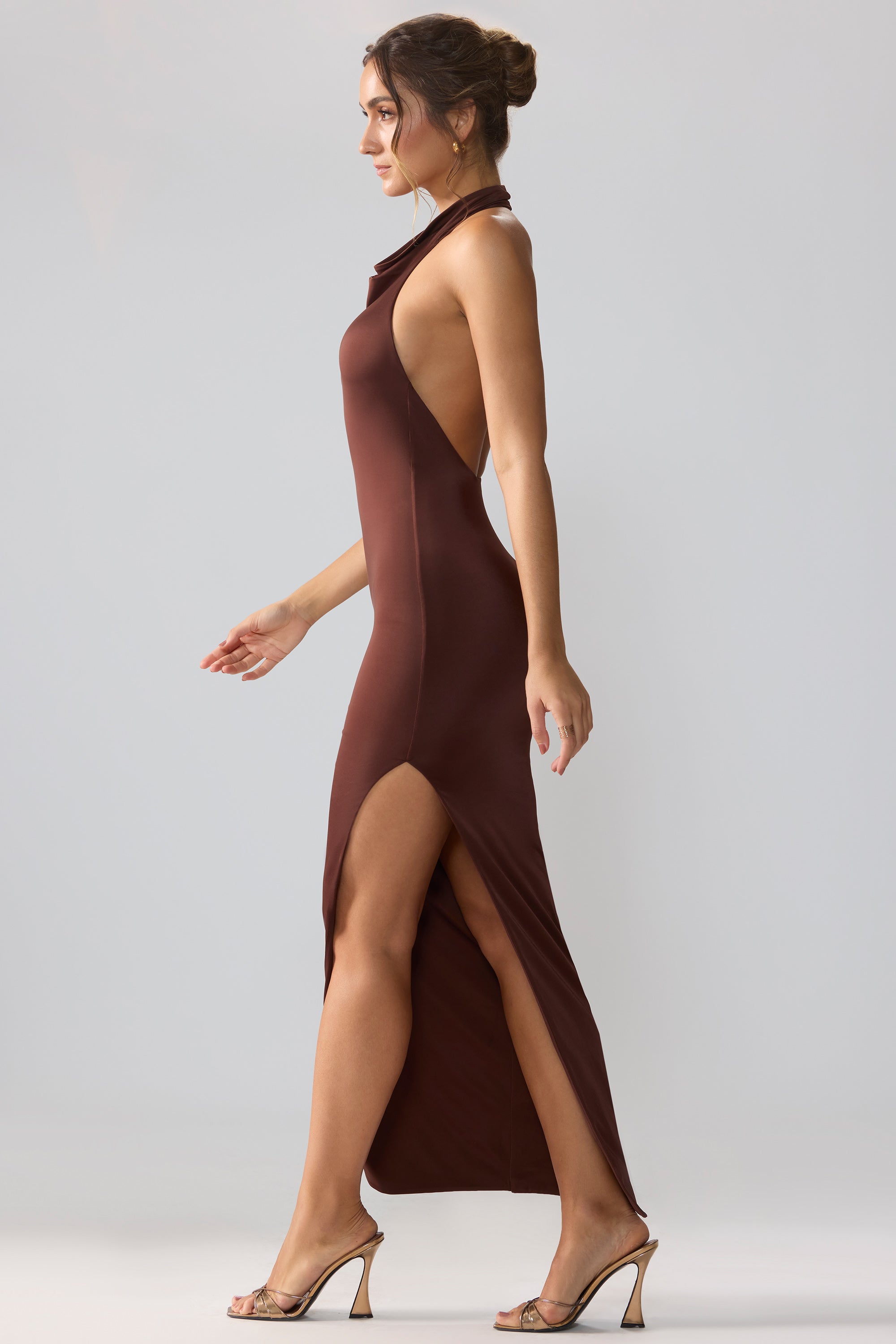 Jersey Cowl Neck Backless Maxi Dress in Espresso