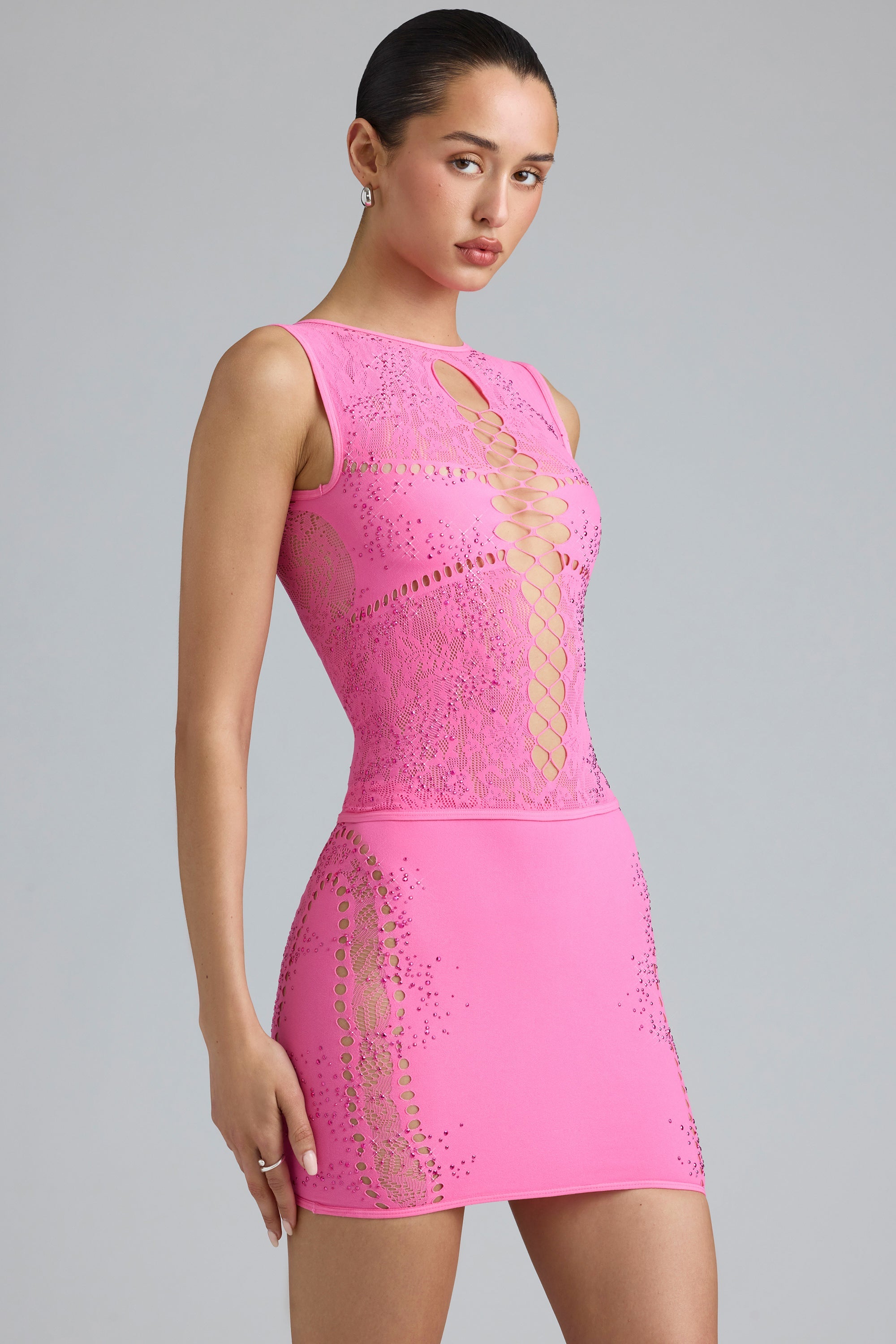 Embellished Mid-Rise Mini Skirt in Bubblegum Pink