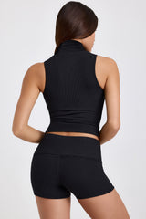 Modal Ribbed Mid-Rise Foldover Shorts in Black