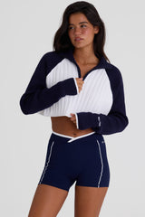 Ribbed Knit Quarter-Zip Cropped Jumper in Classic Navy