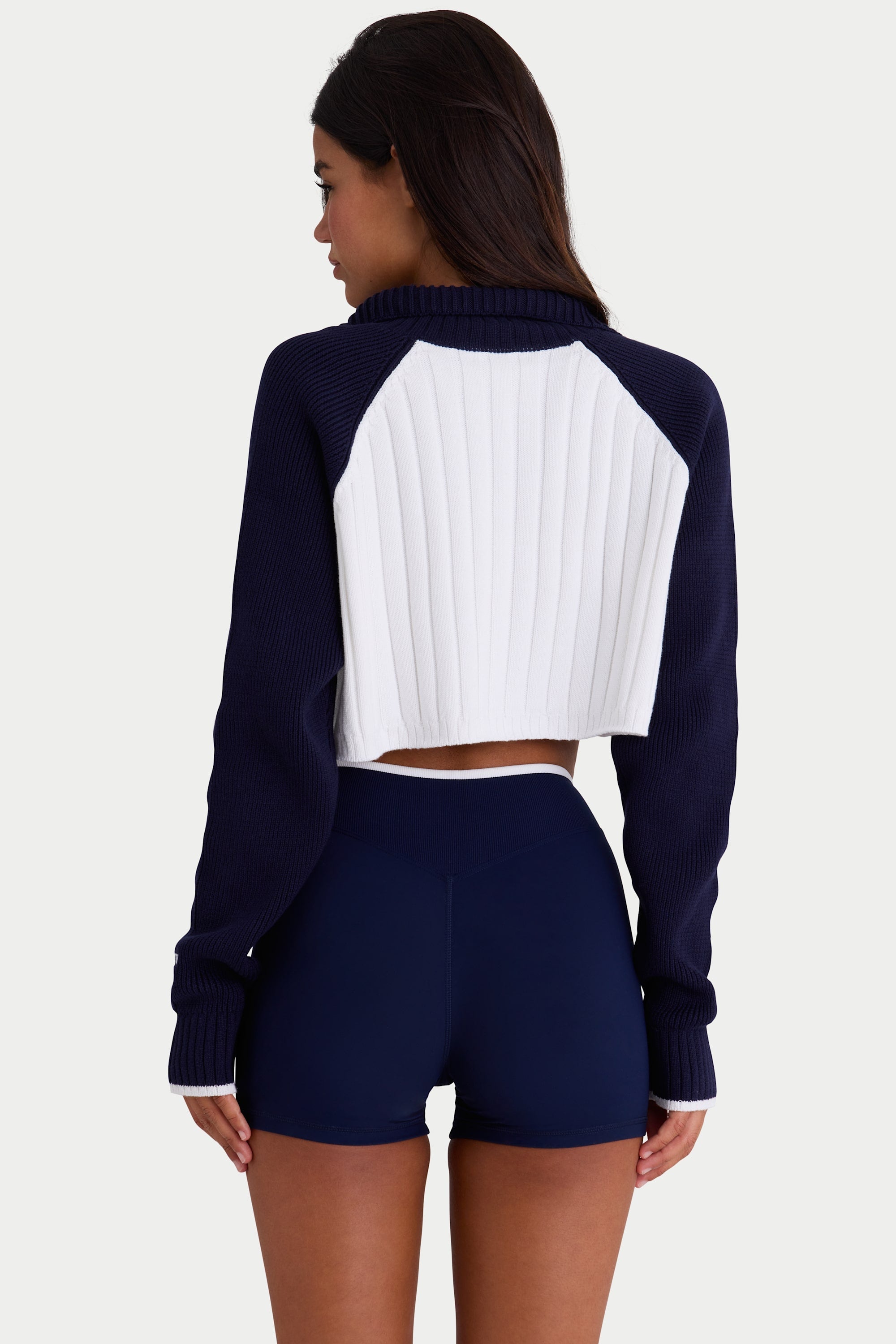Ribbed Knit Quarter-Zip Cropped Jumper in Classic Navy