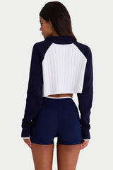 Ribbed Knit Quarter-Zip Cropped Jumper in Classic Navy