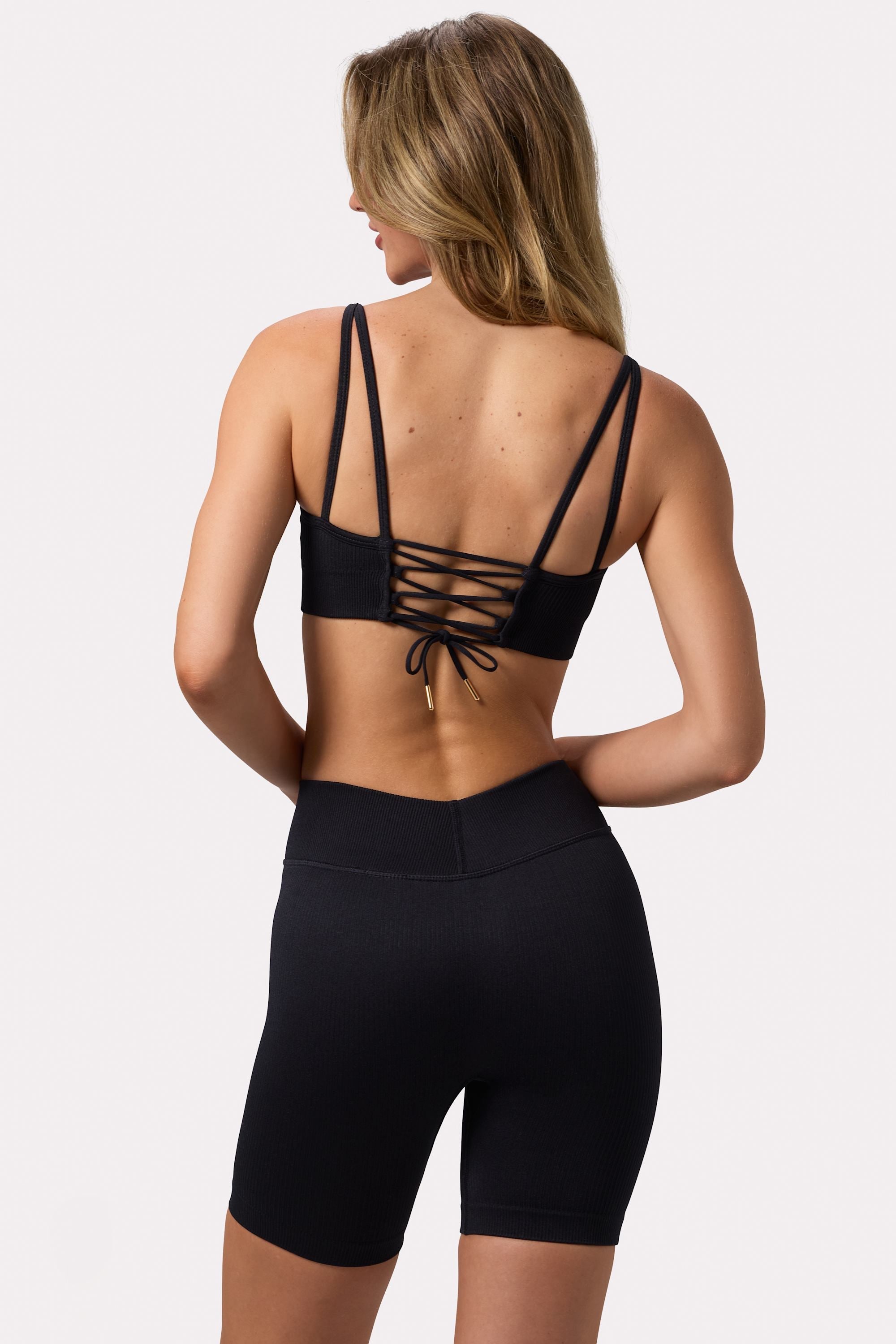 Scoop Neck Lace Up Back FlexiRib Sports Bra in Black