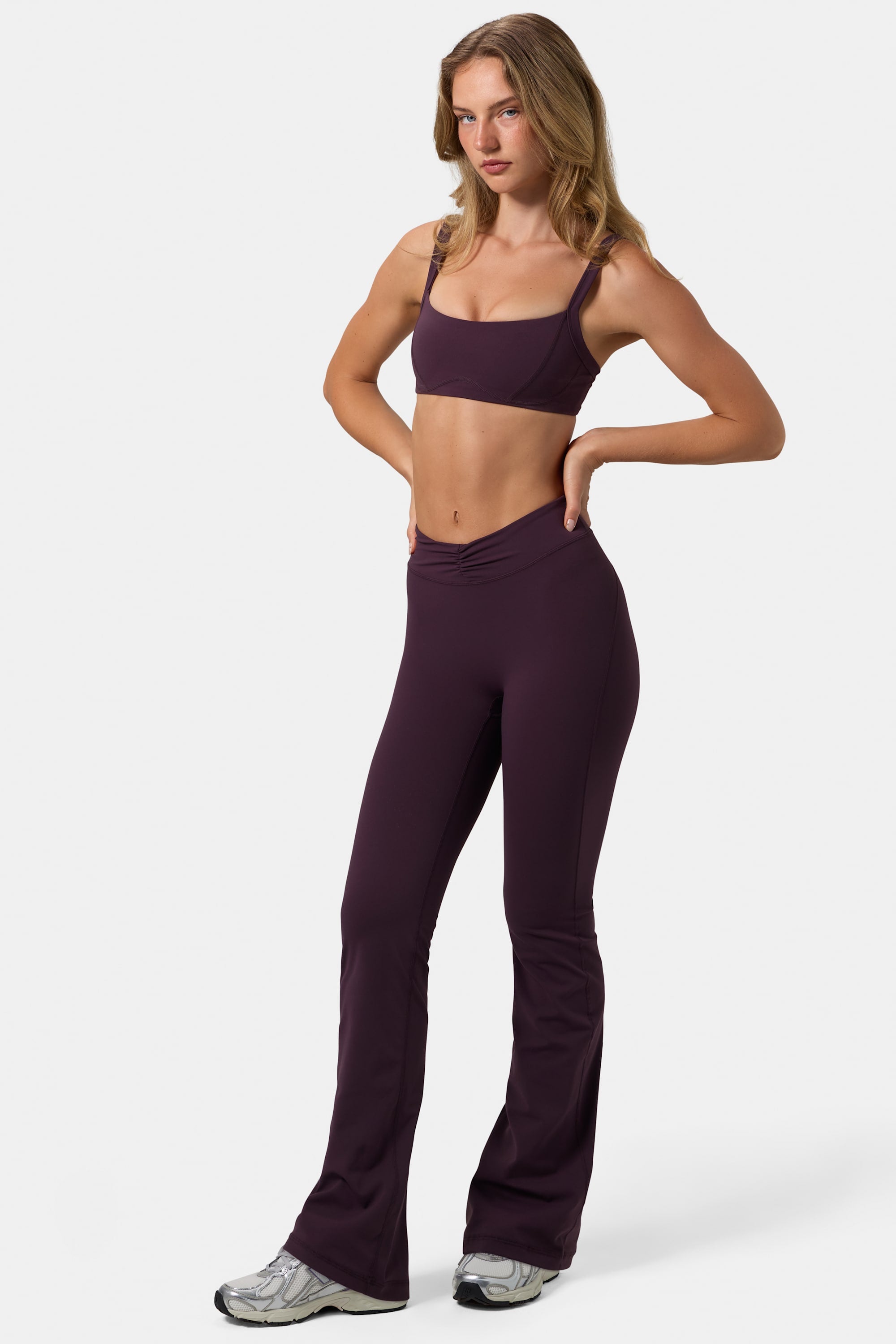 Soft Active Ruched Flared Trousers in Plum