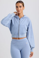 Brushed Jersey Zip-Up Cropped Hoodie in Washed Blue