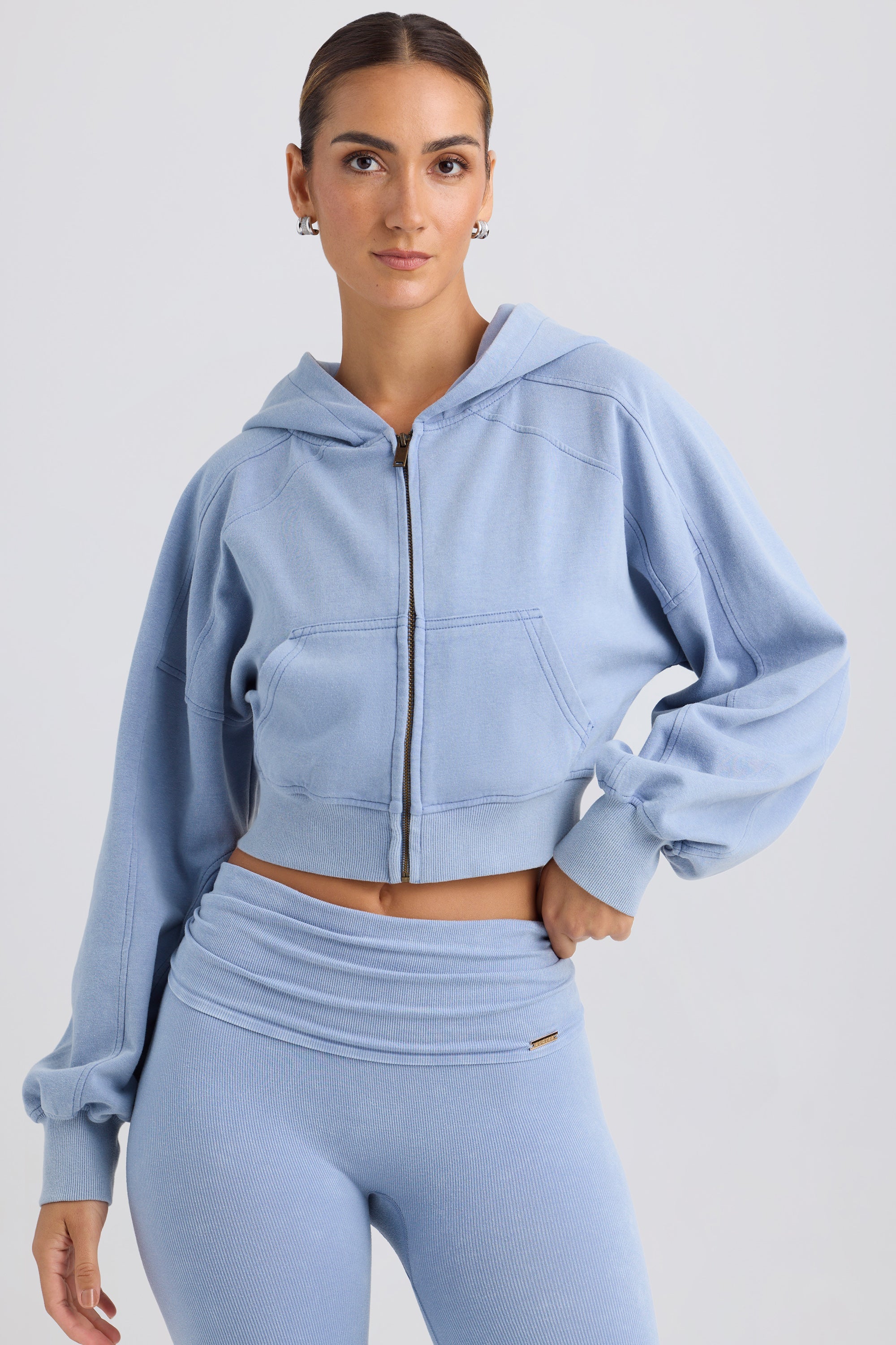Brushed Jersey Zip-Up Cropped Hoodie in Washed Blue