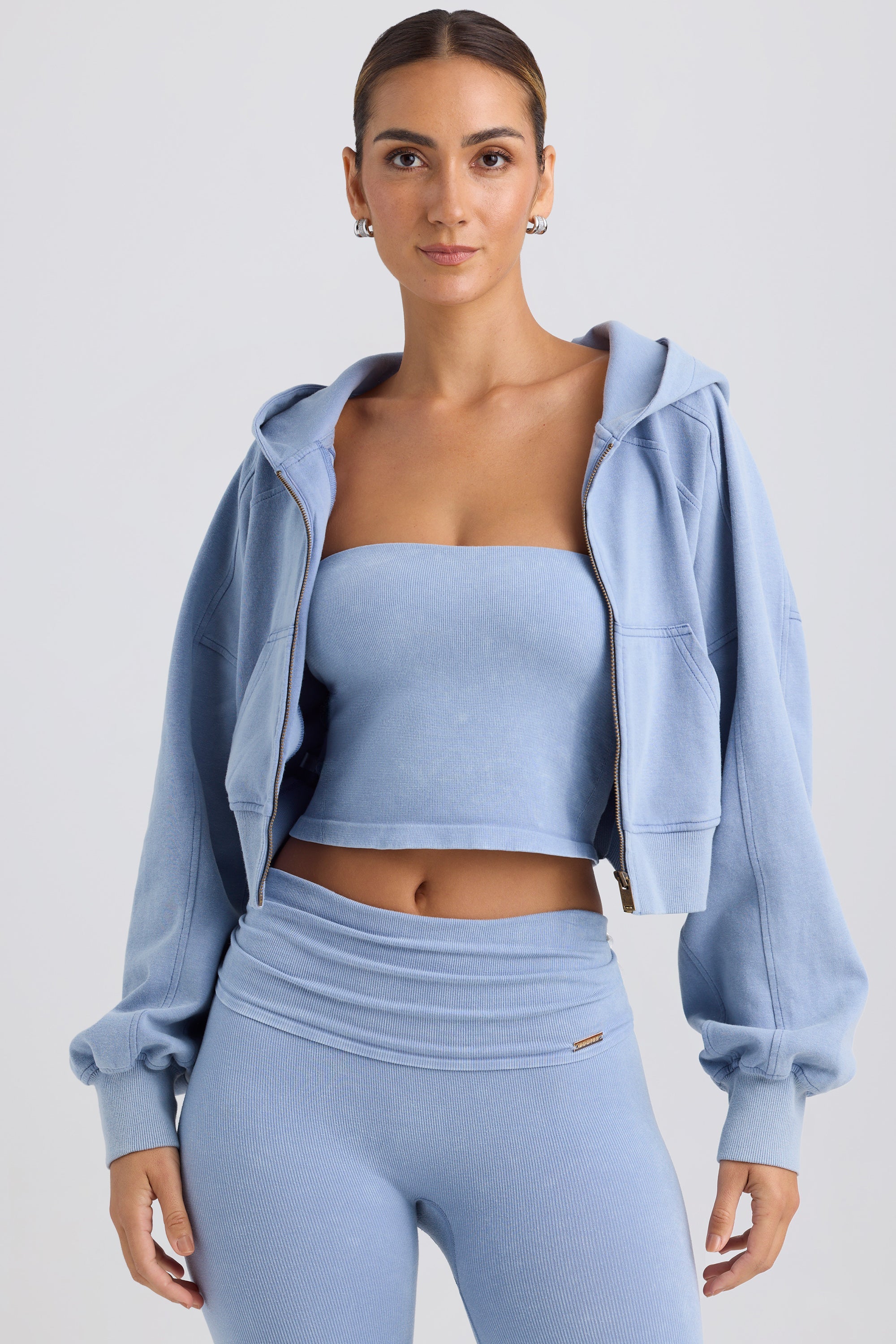 Brushed Jersey Zip-Up Cropped Hoodie in Washed Blue
