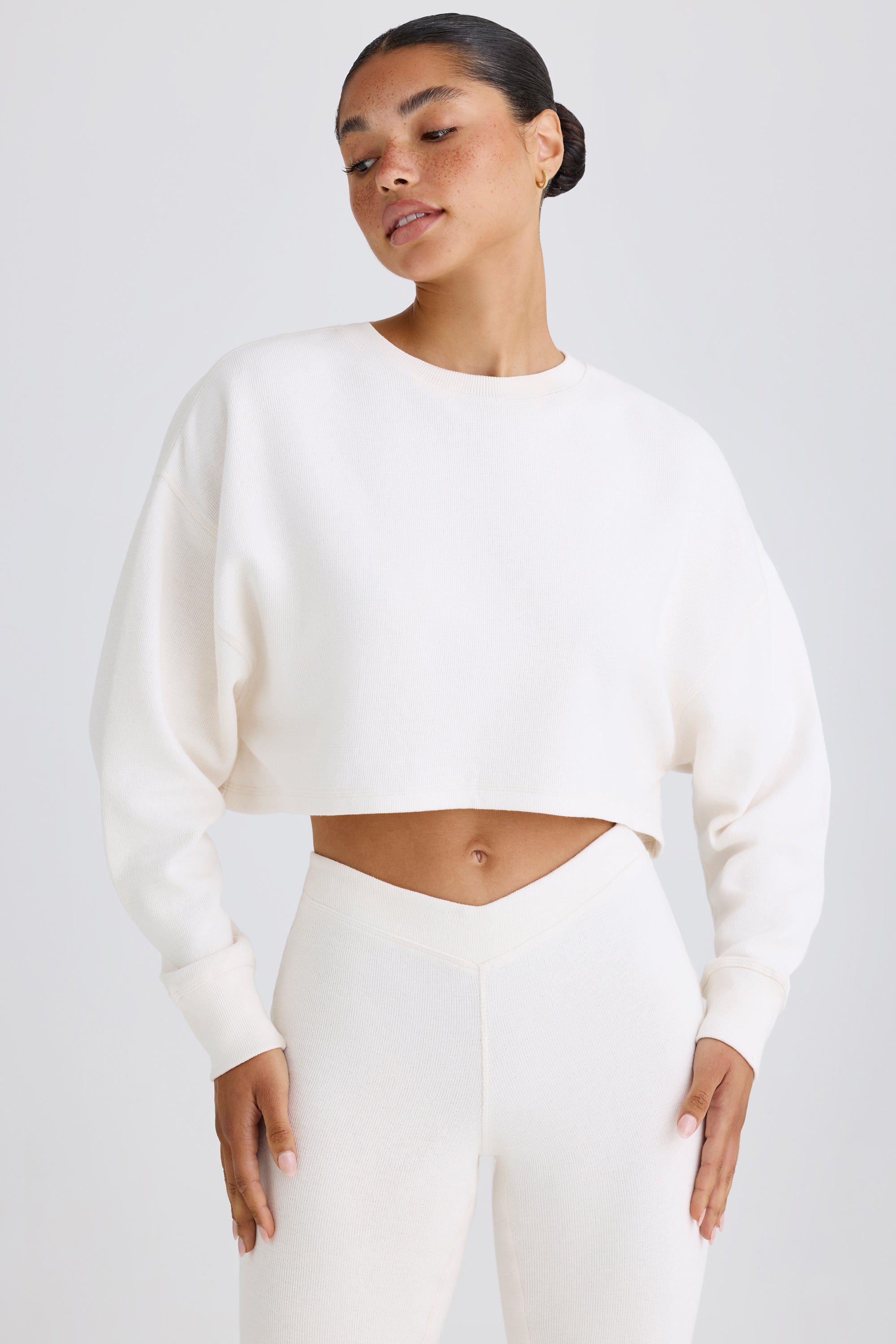 Textured Cotton Jersey Open-Back Cropped Sweatshirt in White