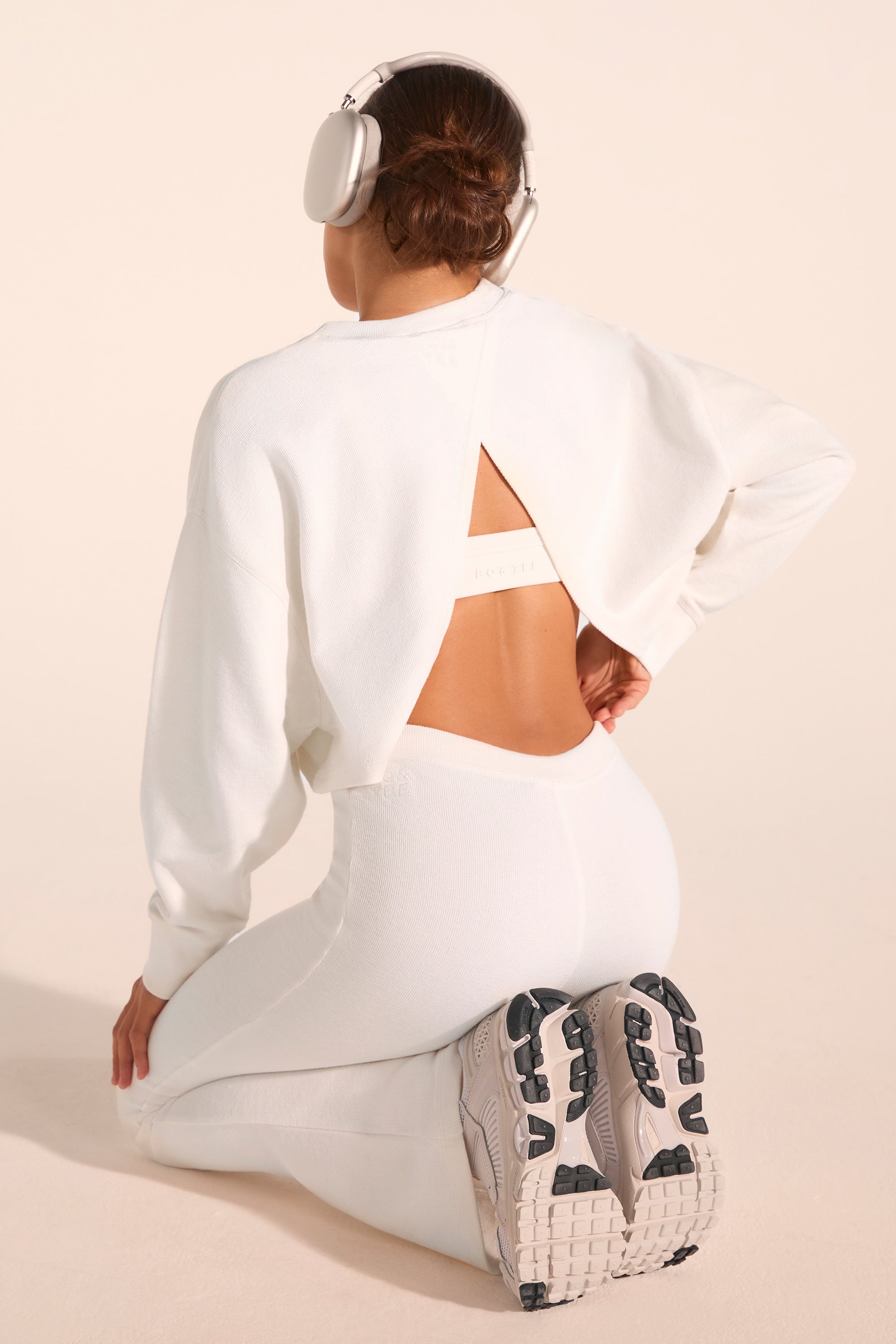Textured Cotton Jersey Open-Back Cropped Sweatshirt in White