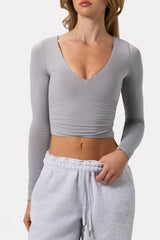 Ruched Long-Sleeve Crop Top in Grey