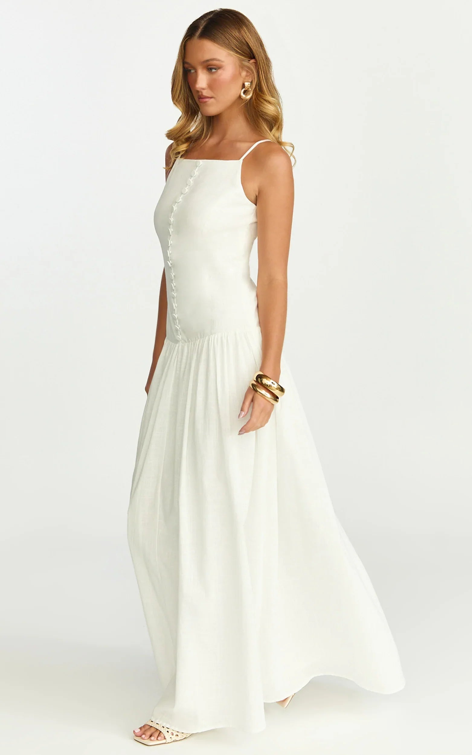 Cortez Maxi Dress - Square Neck Button Down Dropped Waist Dress in White