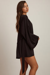 Embellished Loose-Fit Wrap-Over Robe in Black